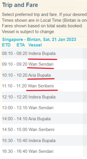 船の種類　Indera Bupala　Aria Bupala　Wan Sendari　Wan Seri Beni