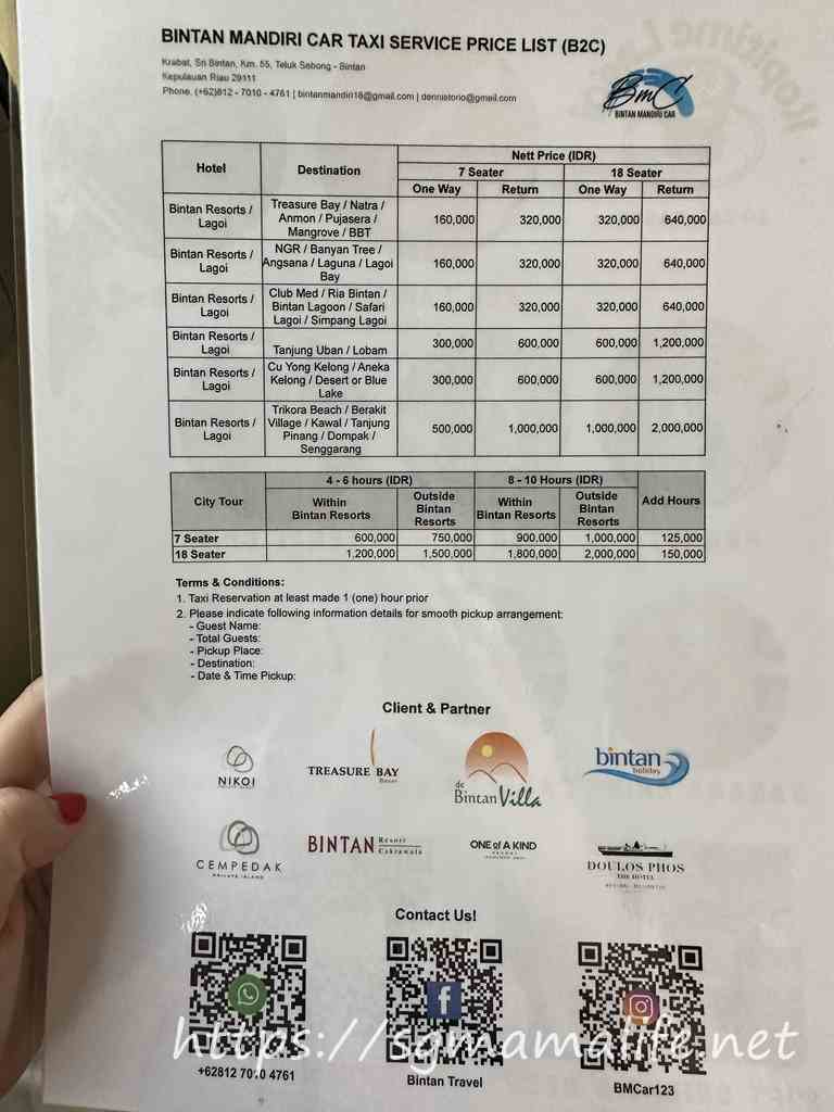 bintan taxi price list